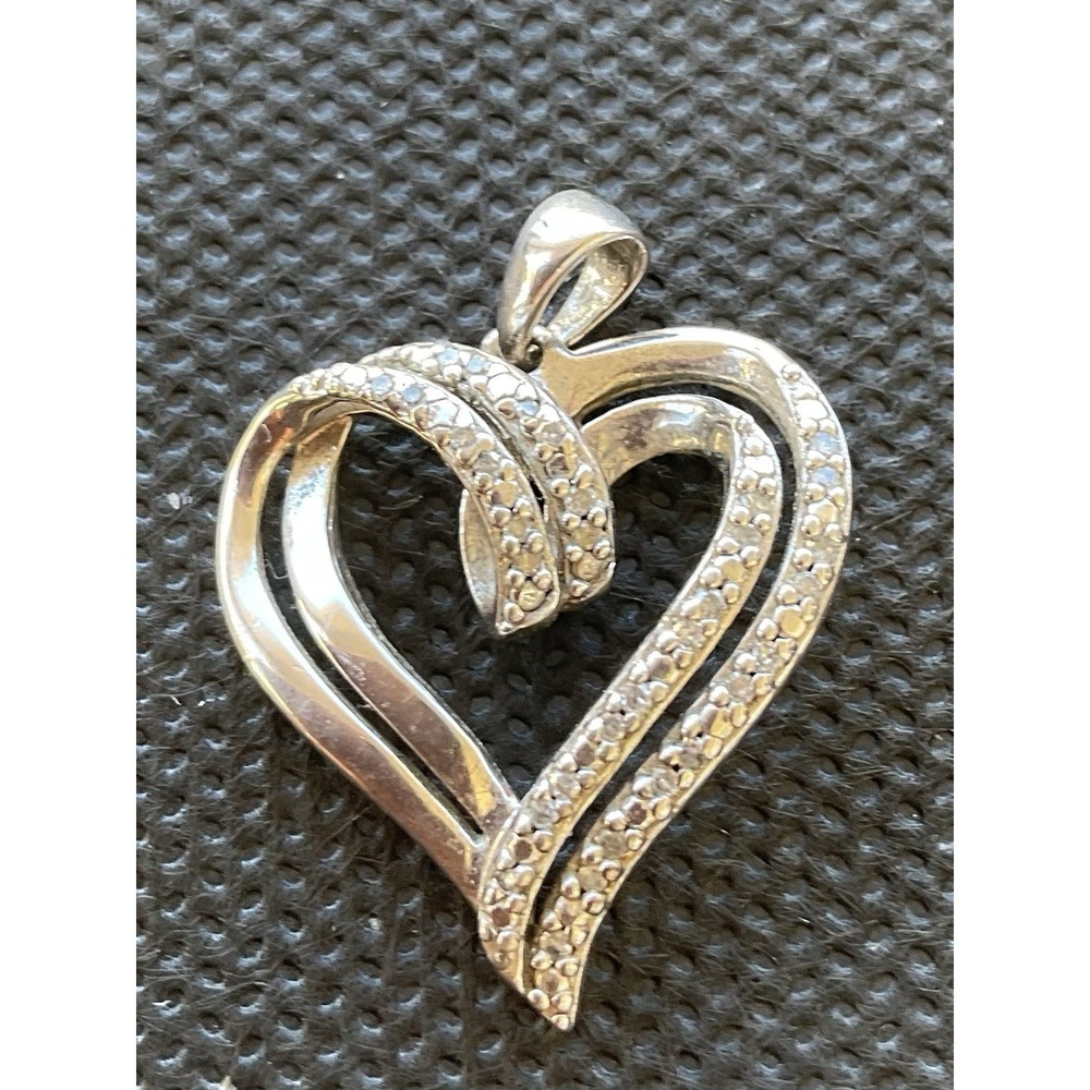 SUN 925 Sterling Silver Diamond Heart Pendant Vintage Light Dainty